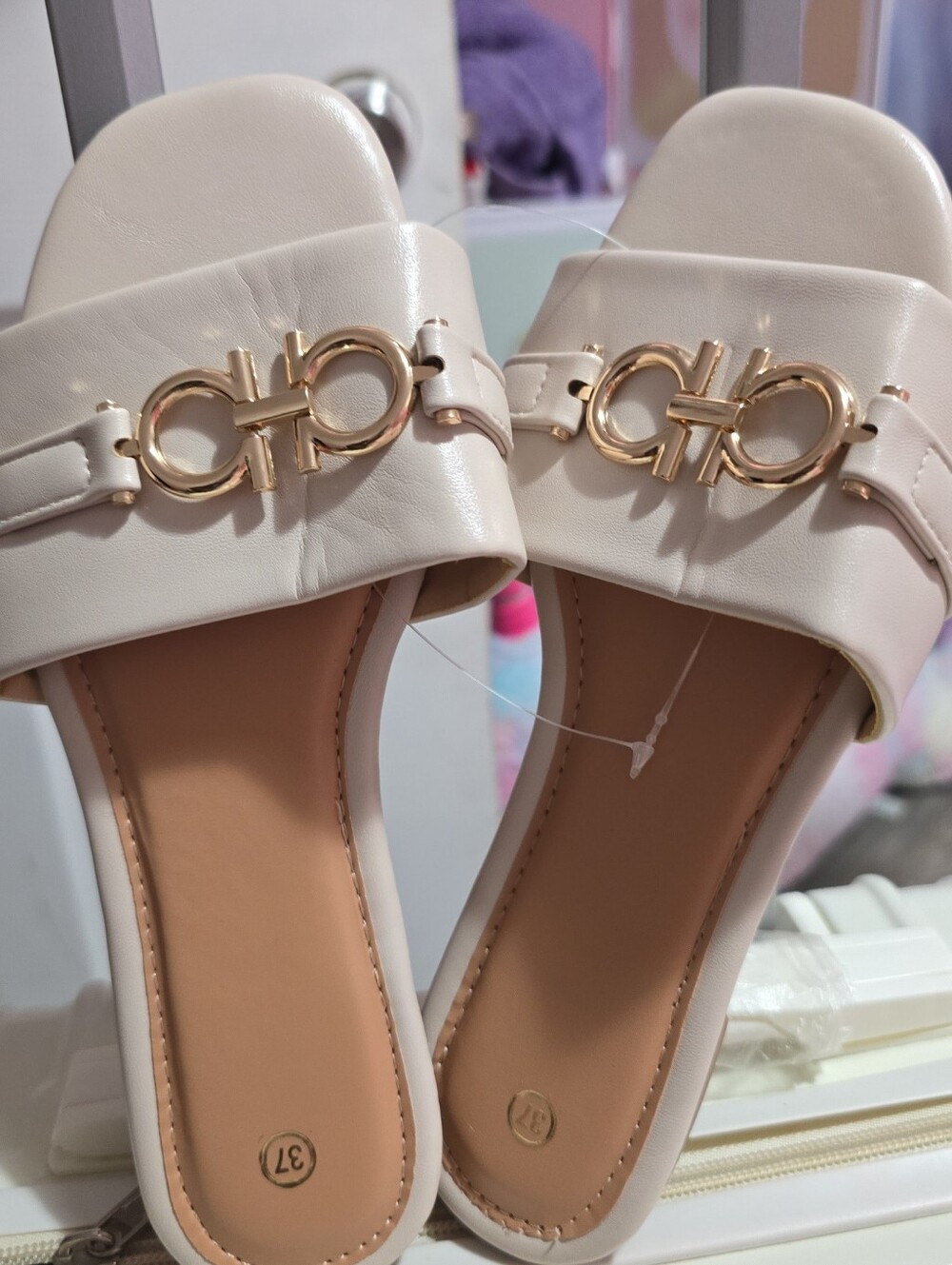 Cream Slide Sandals with Gold Accent